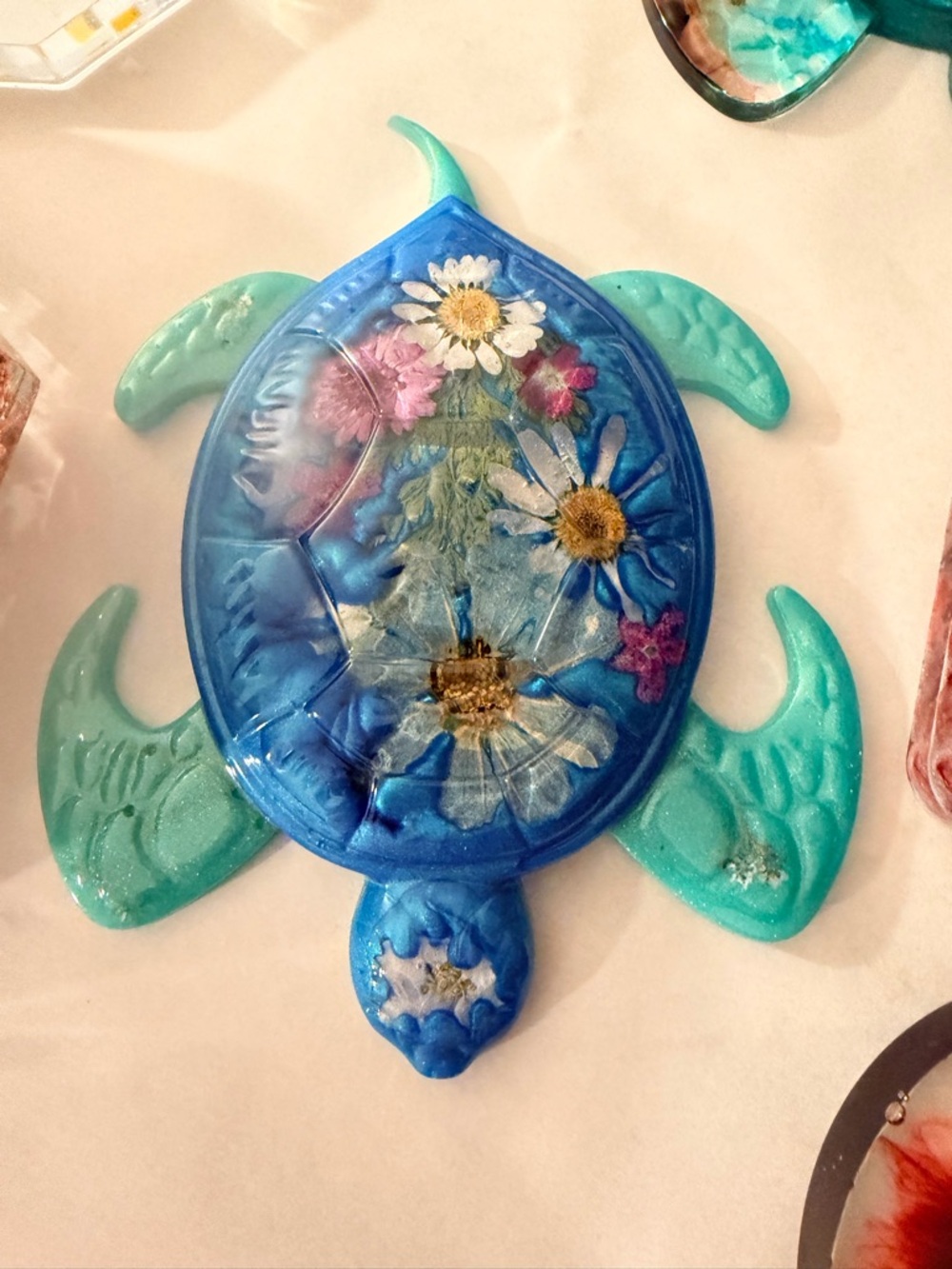 Blue & Turquoise Resin Sea Turtle Wall Accent with Floral Inlay